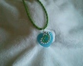 Lime Green Braided Leather Necklace with Blue Stone, Peridot & Silver Plated Heart shaped Pendants Gift