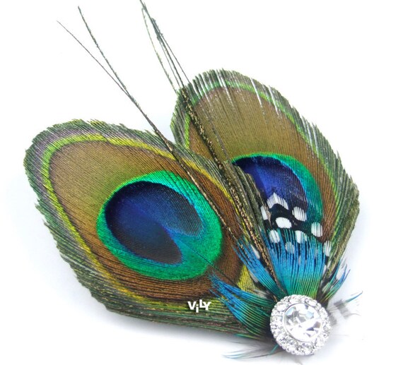Peacock Wedding Fascinator, Bridesmaids Hair Accessory, Polka Dots and  Peacock Feather Hair Clip