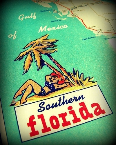 vintage map 8x10 Florida print SUNSHINE STATE  Gulf  travel vacation fun summer art aqua red yellow retro picture nostalgia