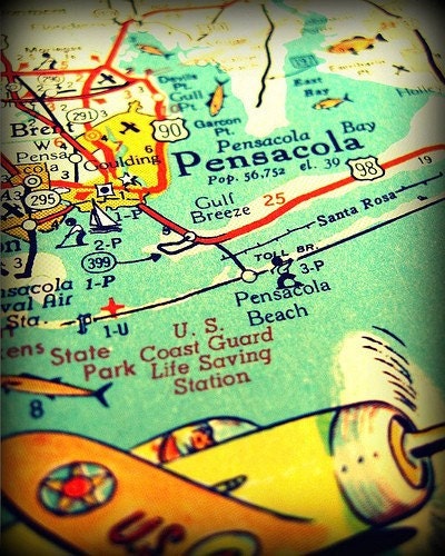 color map photograph PENSACOLA BEACH Florida vacation 8x10 photo Americana retro road trip aqua yellow airplane nostalgia picture