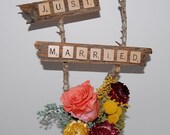 Just Married Table Centerpiece Signs - Scrabble Pieces on Reclaimed Wood