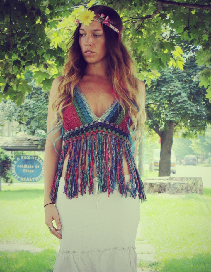 Rainbow Peace Festival Top With Fringe,   Ombre Crochet Crop Top, Fringe Tank, Hippie, Bohemian, Summer, Bikini, Vintage Style Crochet