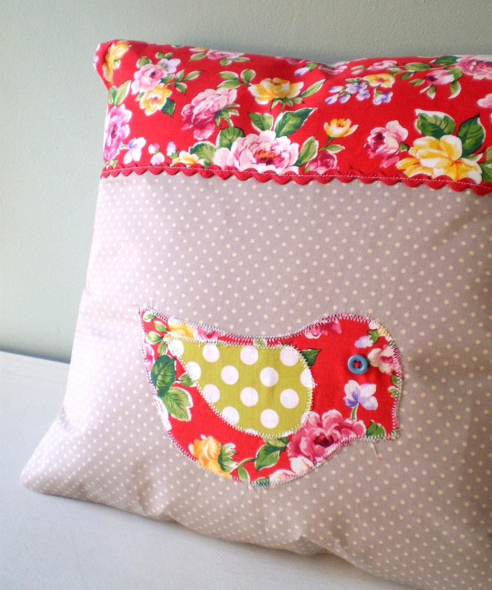 OOAK red floral applique bird  pillow cover shabby chic