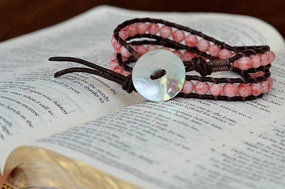 Beaded Wrap Bracelet- Pink, Brown and Mother of Pearl