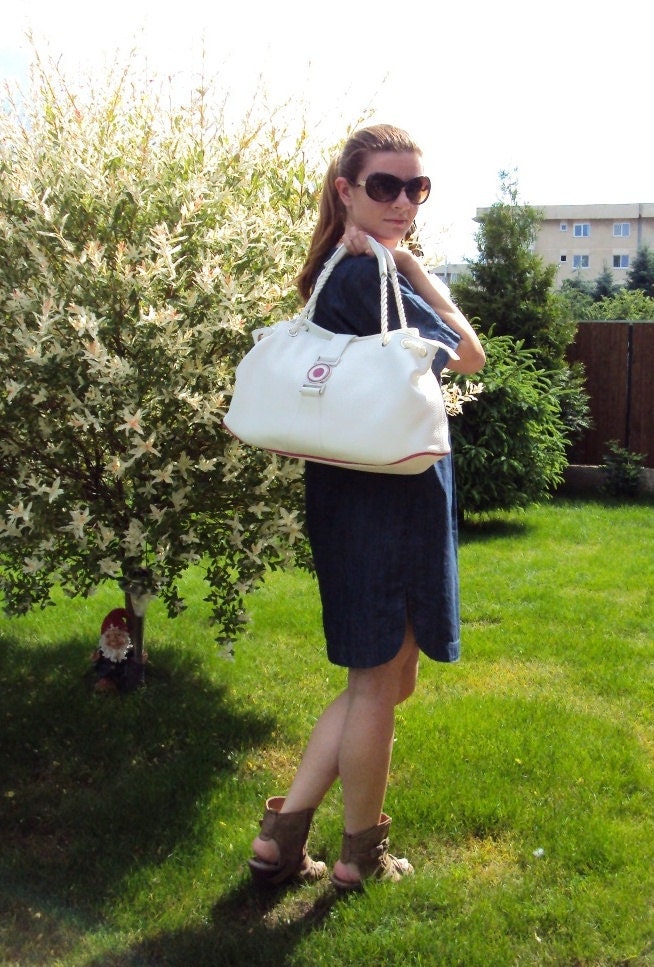 Sale White Leather Hobo Bag Tote Bag Summer Bag Rope Bag Leather Satchel Handbag