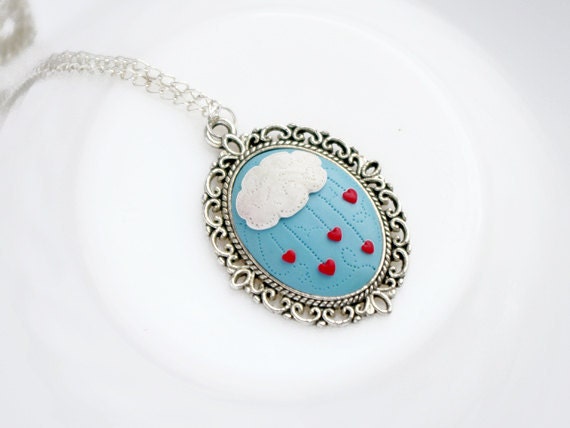 Cute Heart Rain Pendant - Cloud Heart Necklace - Rain of Hearts Necklace