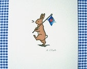 MARCHING RABBIT - original hand printed linocut & vintage postage stamp collage