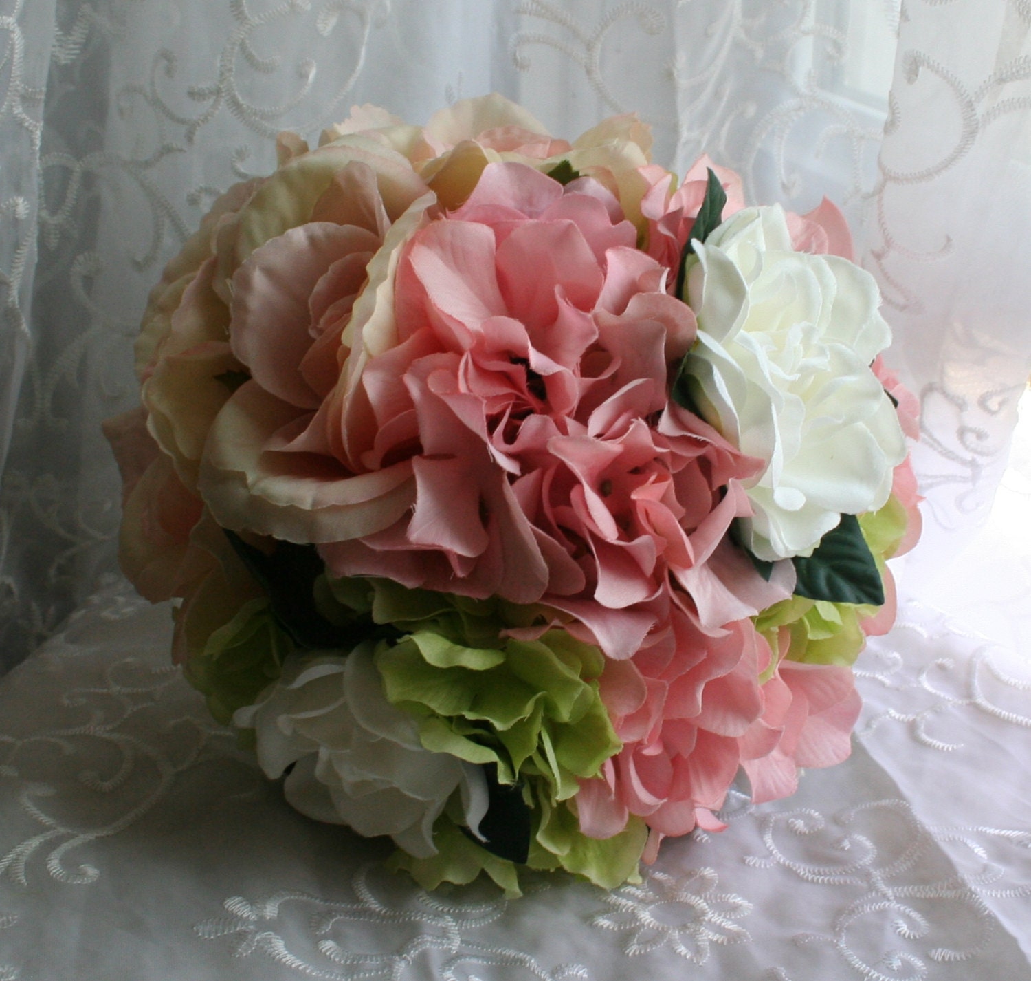 Peach Wedding Bouquet with Roses, Gardenias and  Lime Green Hydrangea - Silk Bridal Bouquet and Boutonniere Set - Garden Wedding
