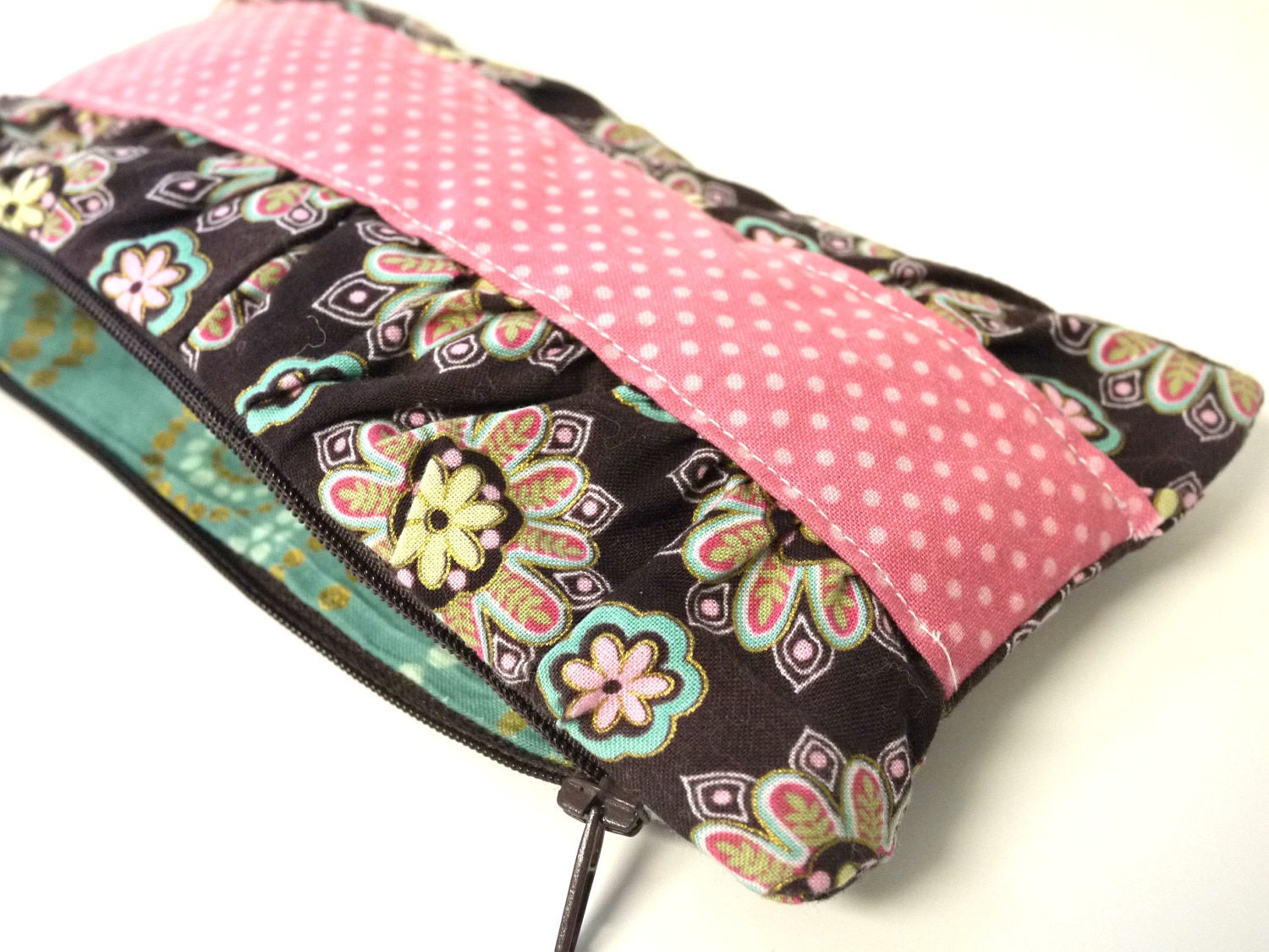 Zipper Cosmetic Pouch - Brown Flowers and Pink Polka Dots - Makeup Bag