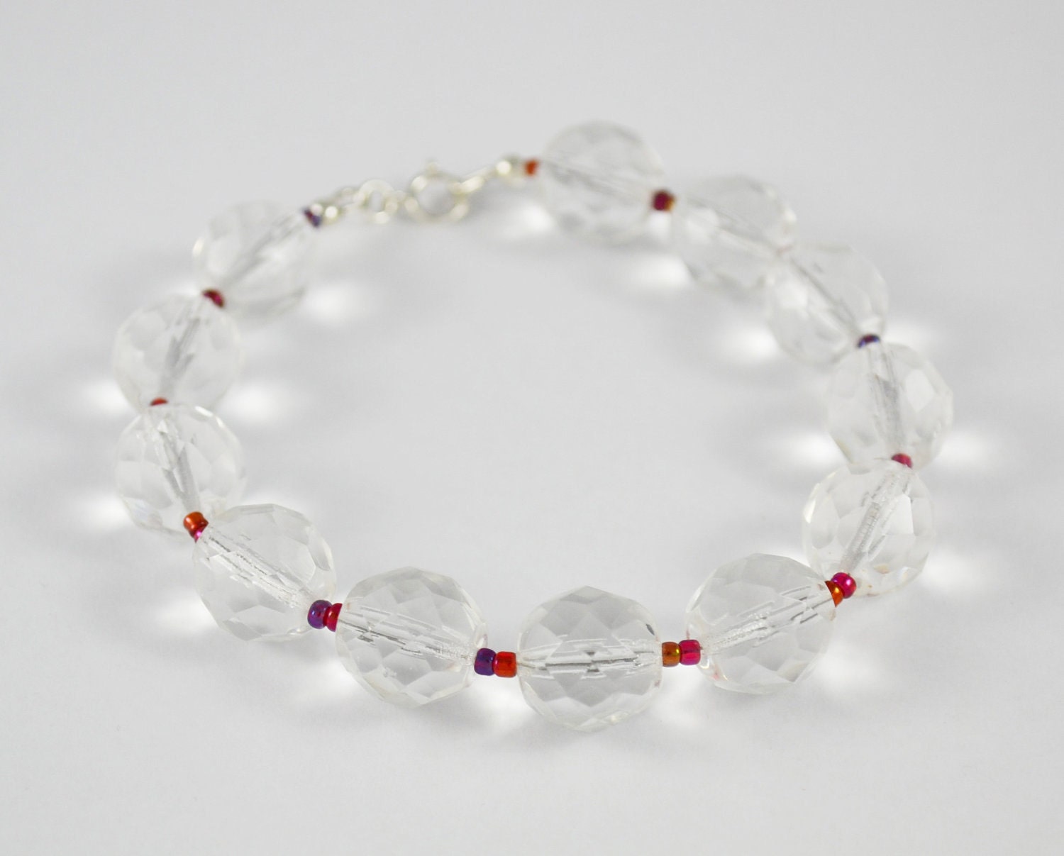 CLOSING SALE 10% OFF Crystal Clear Glass Beaded Bracelet, Pink Beaded Bracelet, Boho Sterling Silver Bracelet
