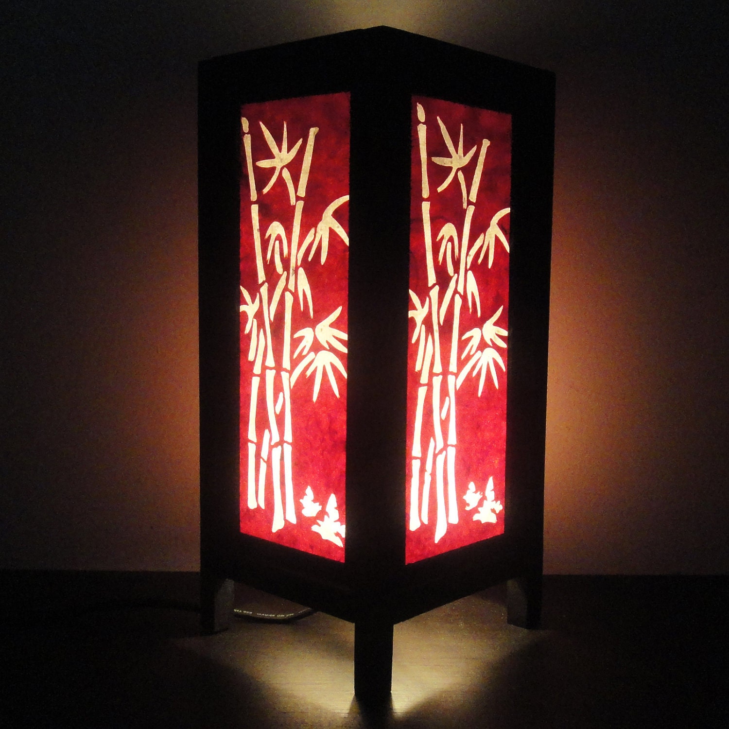 Asian Oriental Red Japanese Bamboo Bedside Floor or Table Lamp or Bedside Wood Paper Light Shades Furniture Home Decor