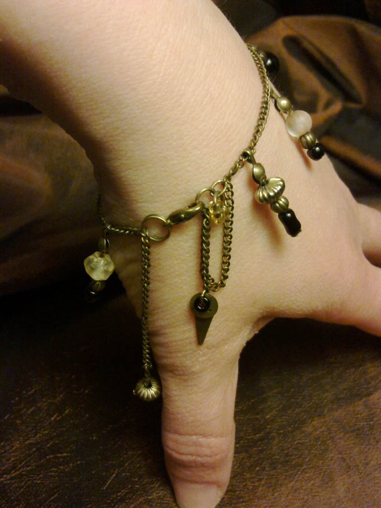 Steampunk  Bracelet - "Charming Beads" - brass chain with glass, brass and plastic beads
