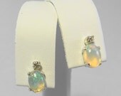 Ethiopian Opal Cabochon Sterling Silver Studs with 2mm Genuine Moissanite Accent Gemstones