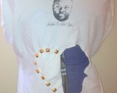 White Gold Stud Heart Logo Off The Shoulder Tshirt Upcycled Sleeves off the shoulder Cut Distressed Studs Size Medium