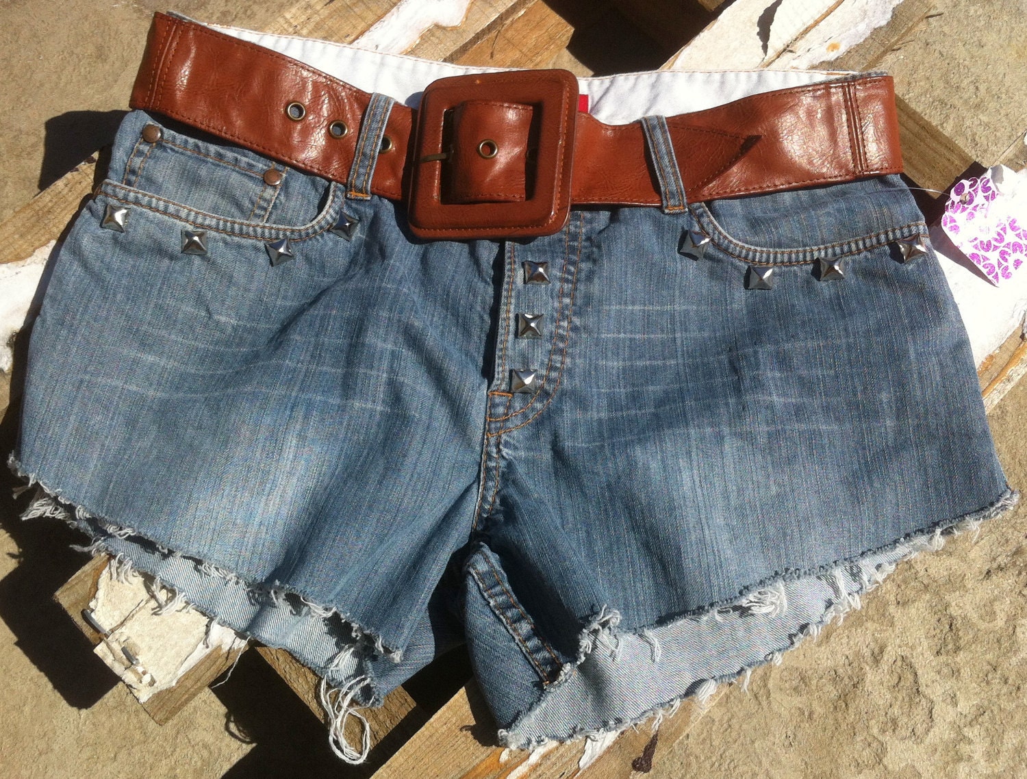 Studded Upcycled Blue Jeans Silver Studded Jean Shorts and Brown Belt Wide Buckle Hotpants High Waisted Shorts Pyramids Sz 32