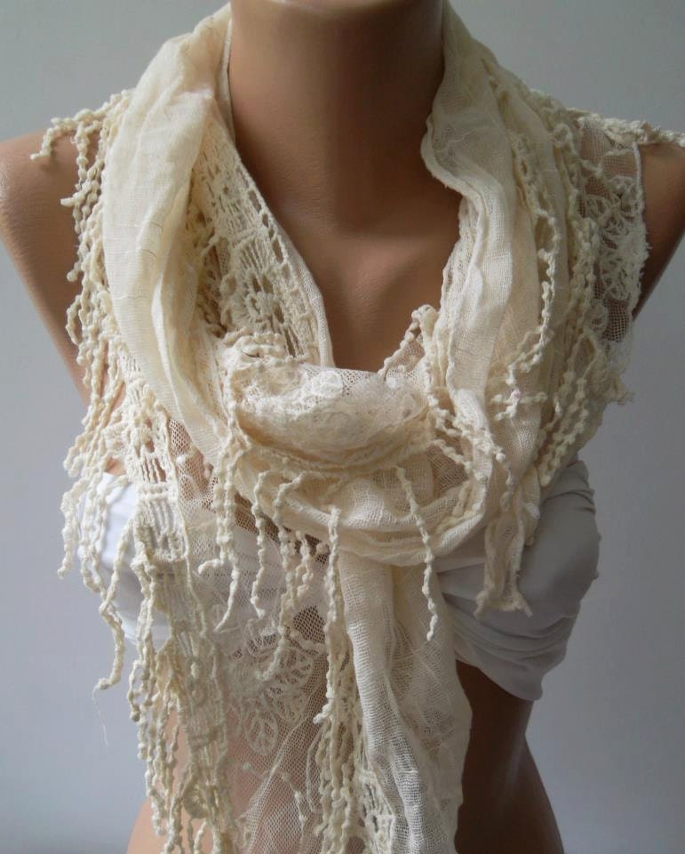 Creamy Fantastic Scarf - Elegance  Scarf  with Lace Edge trendscarf Mother's day