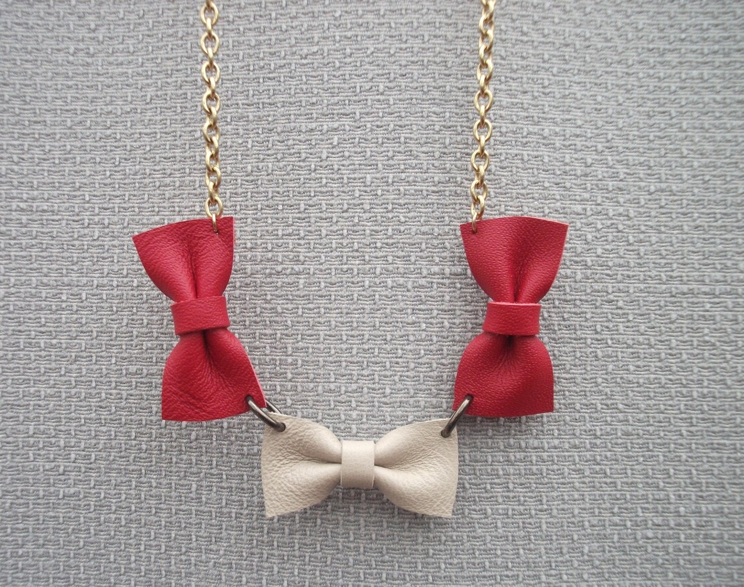 Mini Bow Necklace Handmade Using Red and Beige Leather