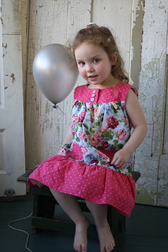 Sale Toddler Girls Summer Dress  - Pink Polka Dot with Pale Blue Pink Rose Garden Floral