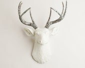 Mother's Day Gift- Faux Taxidermy - The Weston - White W/ Silver Glitter Antlers Resin Deer Head- Stag Resin White Faux Taxidermy