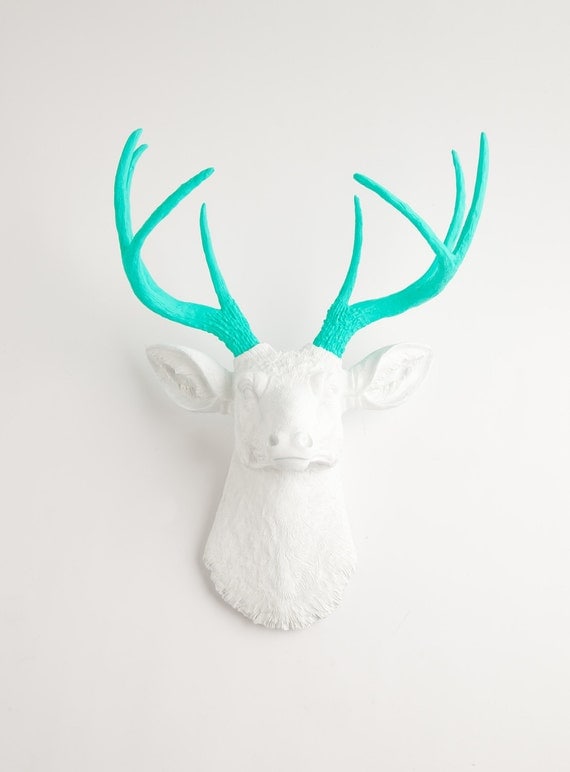 Faux Taxidermied - The Oleg - White W/ Turquoise Antlers Resin Deer Head- Stag Resin White Faux Taxidermy