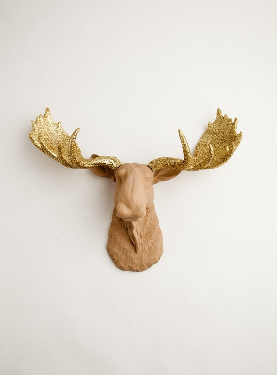 MooseHead Mount - The Oscar - Tan w/ Gold Glitter Antlers Resin Moose Head- Moose Resin Tan Faux Taxidermy- Chic & Trendy