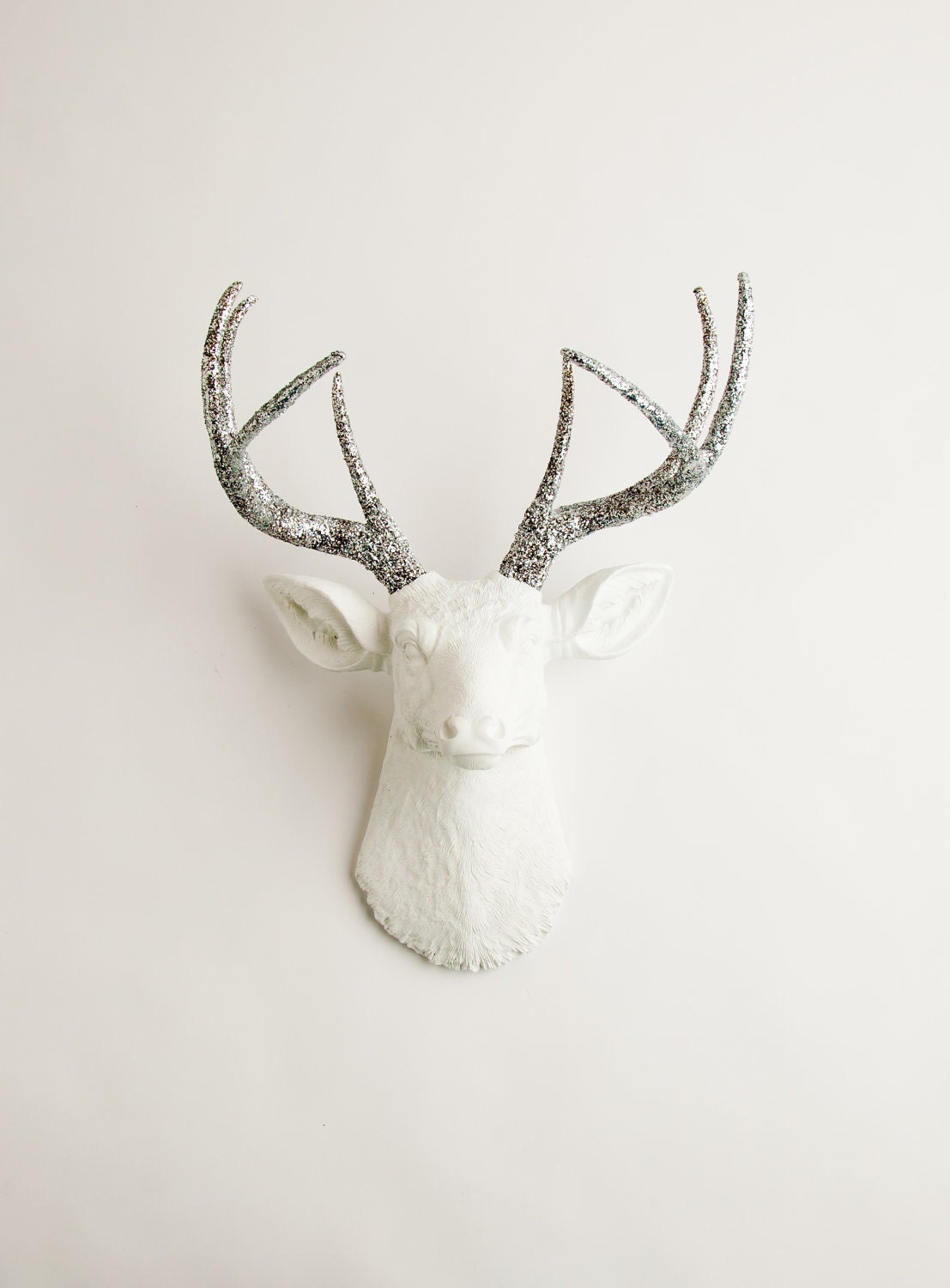 Mother's Day Gift- Faux Taxidermy - The Weston - White W/ Silver Glitter Antlers Resin Deer Head- Stag Resin White Faux Taxidermy