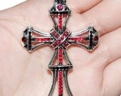 Vintage/Gothic/Victorian Antique Silver/Dark Red/Ruby/Black Genuine Swarovski Crystal Large/Big 2.6" Cross Necklace