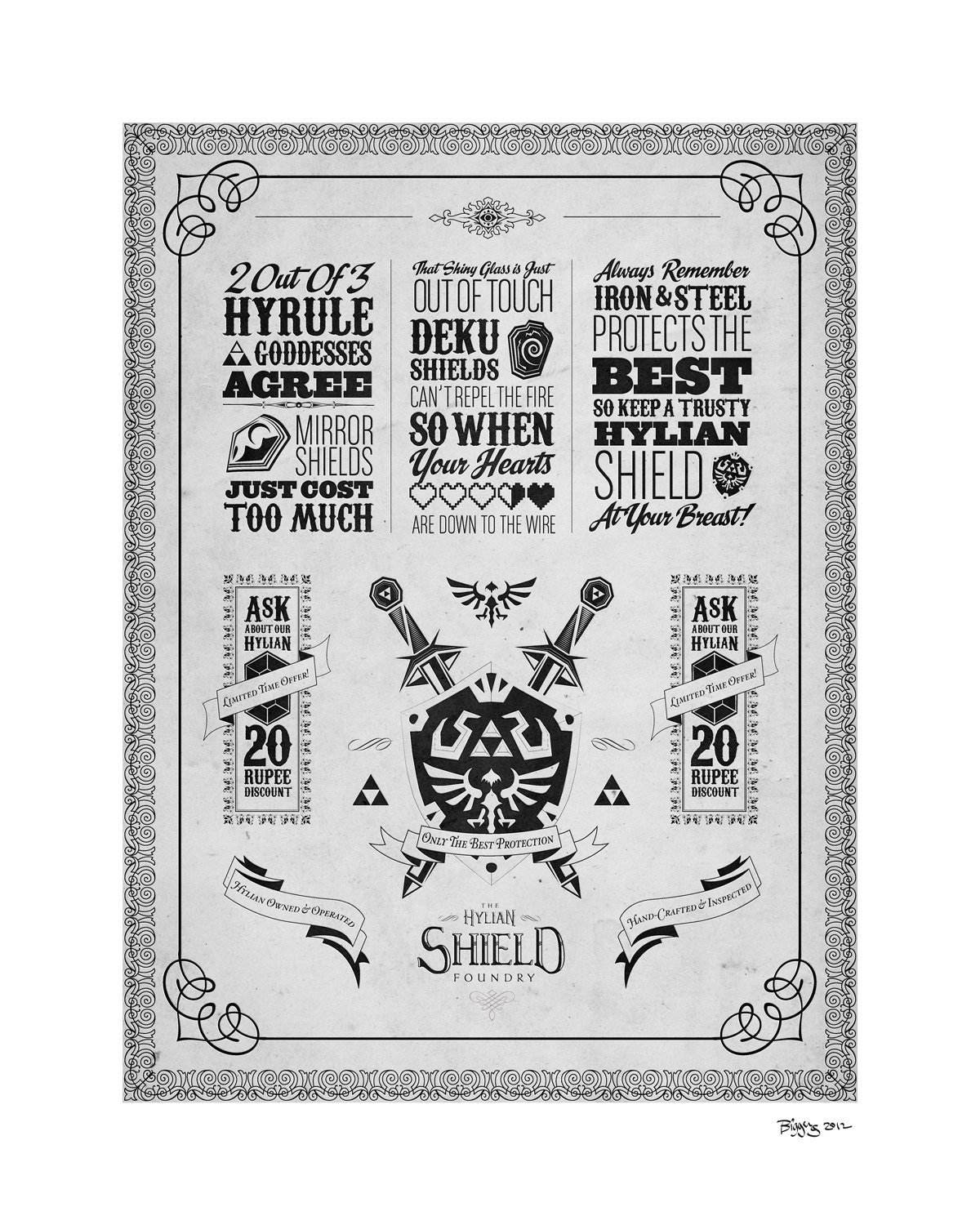 Legend of Zelda The Hylian Shield Foundry - signed museum quality giclée fine art print 16" x 20"