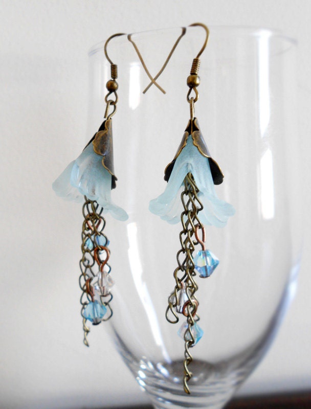 CLEARANCE Morning Dew Frosted Calla Lily Earrings - Vintage Inspired Dusk Blue Statement Dangle Earrings - Swarovski Crystal Fantasy Cascade