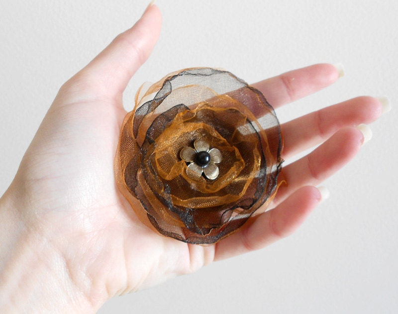 CLEARANCE Victorian Amber & Black Lollipop Flower Brooch - Vintage Inspired Statement Jewelry - Cappuccino Organza Swarovski Pearl
