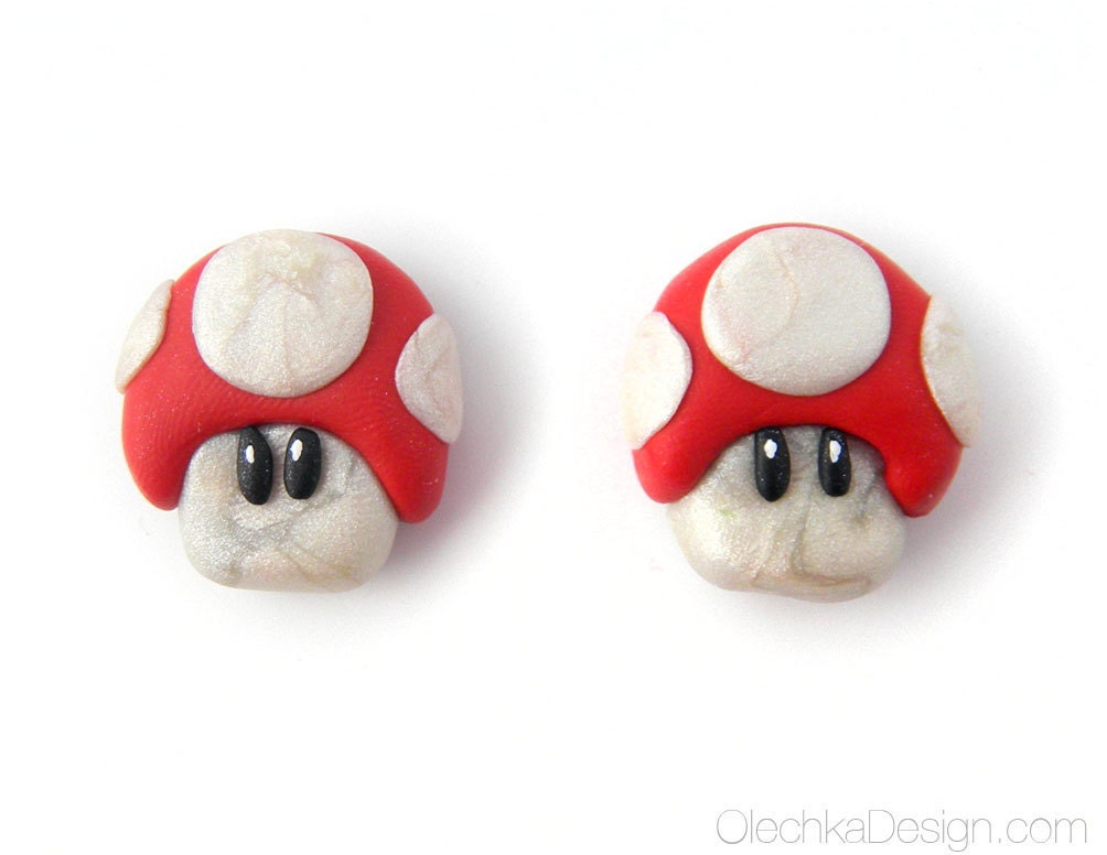 Red Mushroom Super Mario Geek Magnets 2pc set Polymer Clay