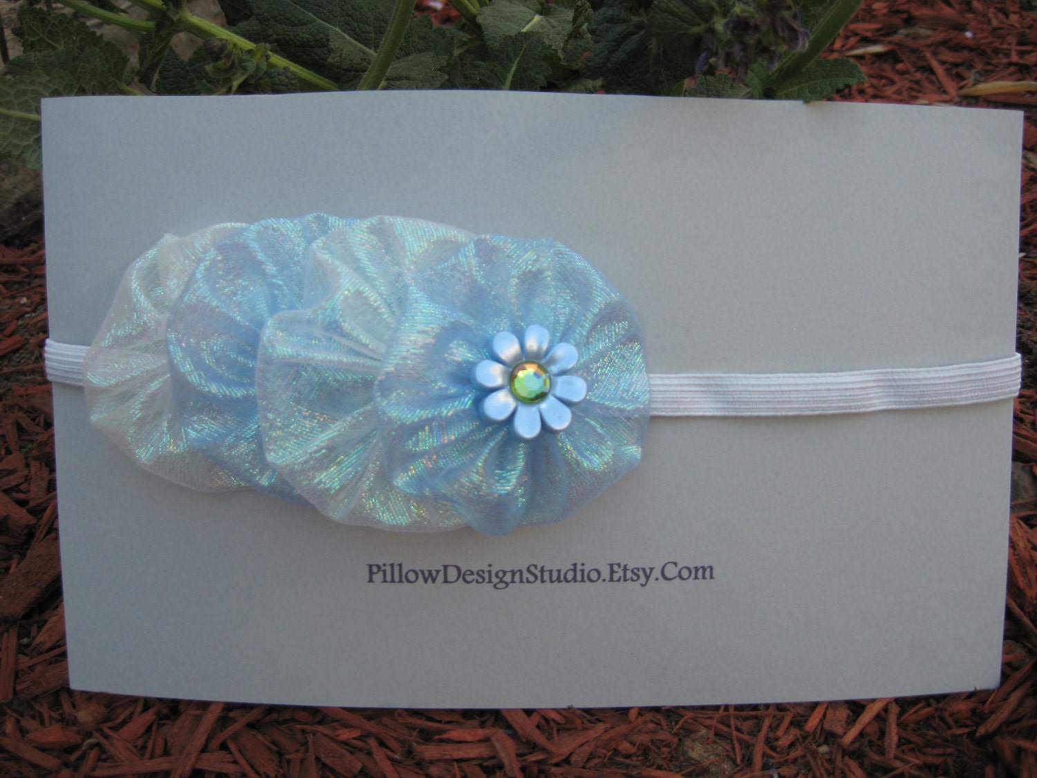 Flower girl headband -- iridescent blue, silver flowergirl head band with blue flower sparkle button