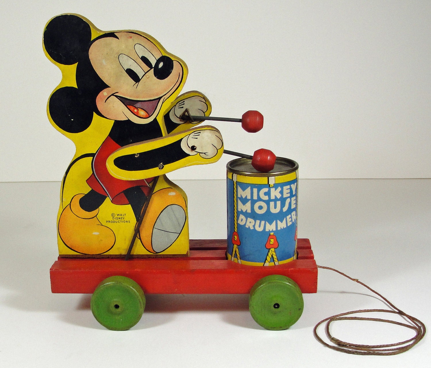 SALE 1940s Wood Mickey Mouse Drummer Pull Toy No. 476 - Vintage Fisher Price Childrens Wooden Toys - Collectors Gift