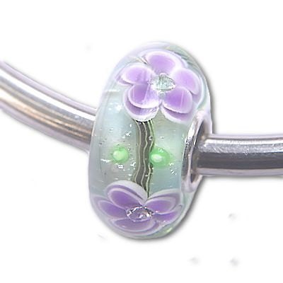 Purple Flowers on Green with Clear CZs Glass Charm Bead Sterling Core Fits European Bead Bracelets
