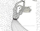 rain, 8x10 inch black and white ink illustration print on paper. teenage room and nursery room wall décor