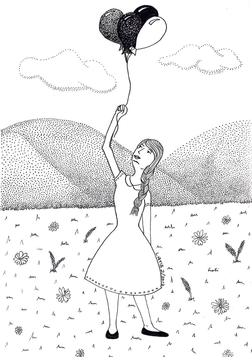 girl flying a baloon, 8x10 inch black and white ink illustration print on paper. teenage room and nursery room wall décor