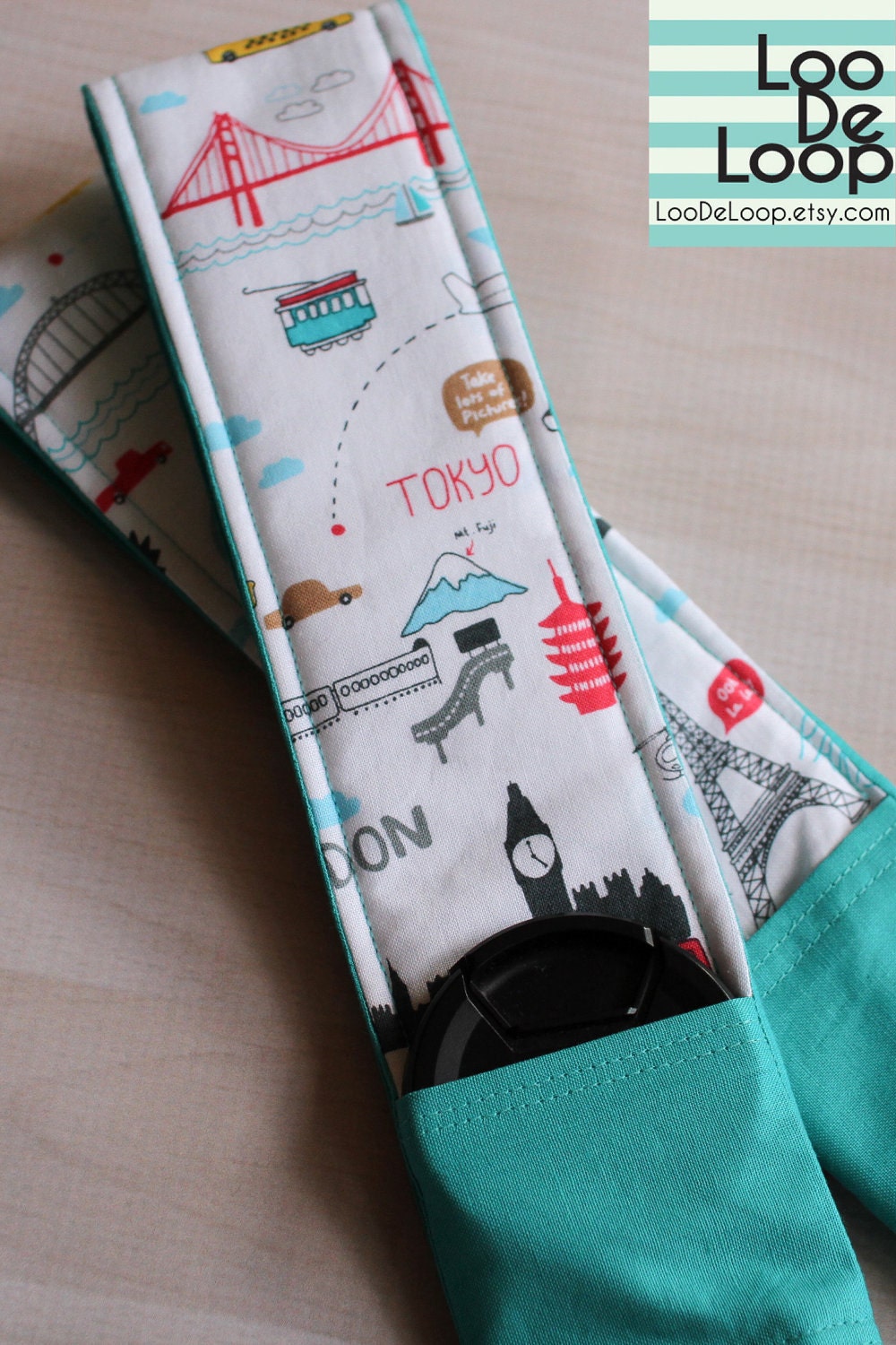 DSLR Camera Strap Cover in Travel the World fabric w/ Lens Cap Pocket READY to SHIP
