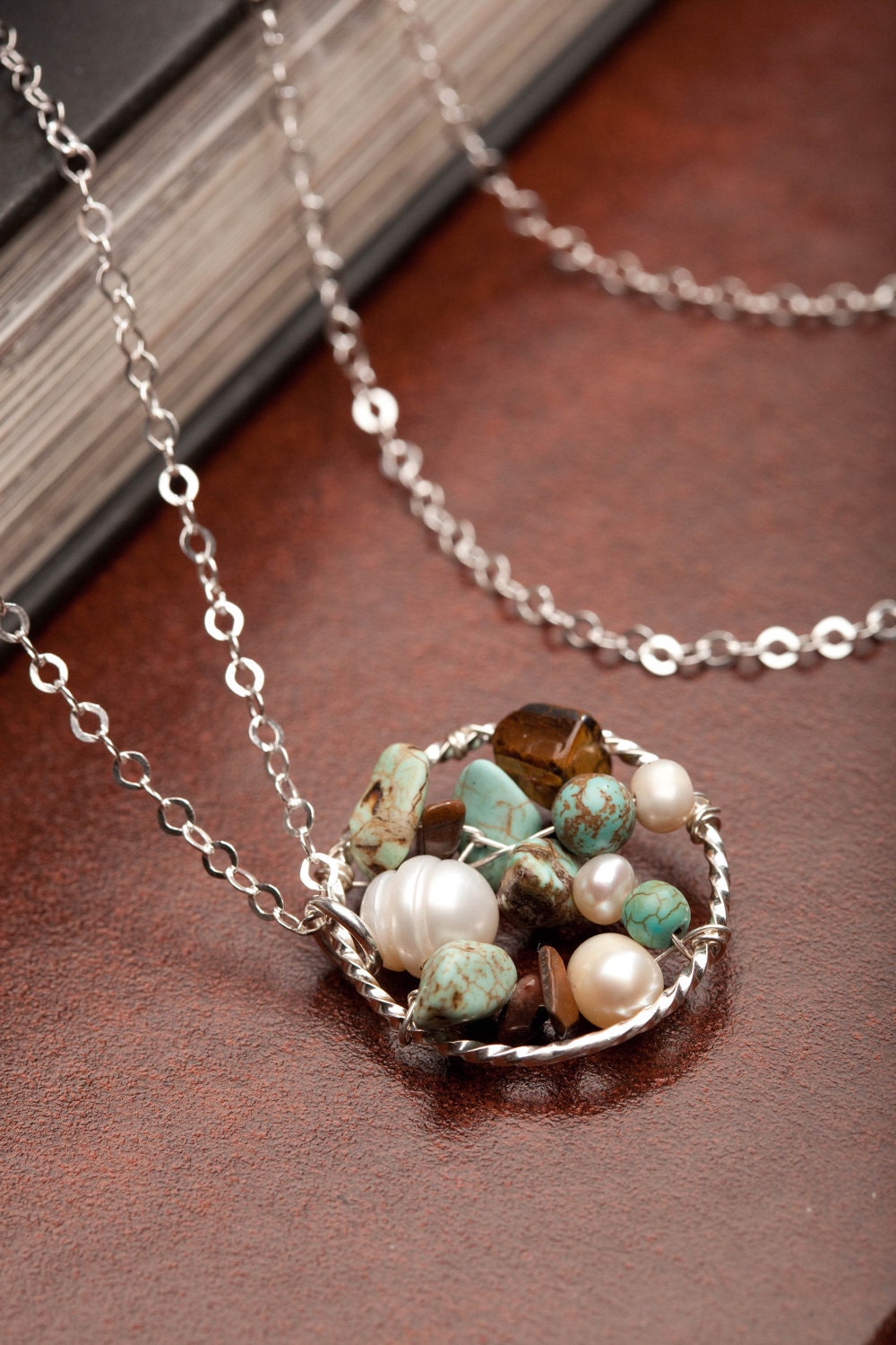 Handmade Jewelry, Sterling Silver Dream Catcher Necklace, Turquoise, Fresh Water Pearl, Eye of Tiger Necklace, Silver Jewelry