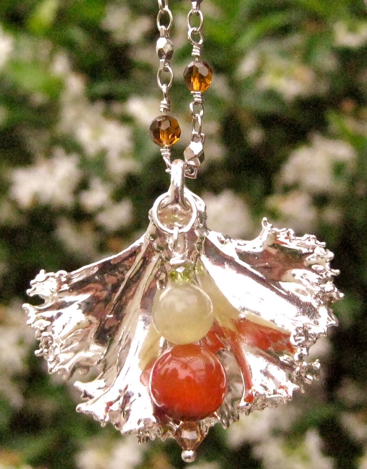 Sterling Silver Dipped Kale Pendant with Jade, Red Sardonyx and Swarovski Crystal Drop