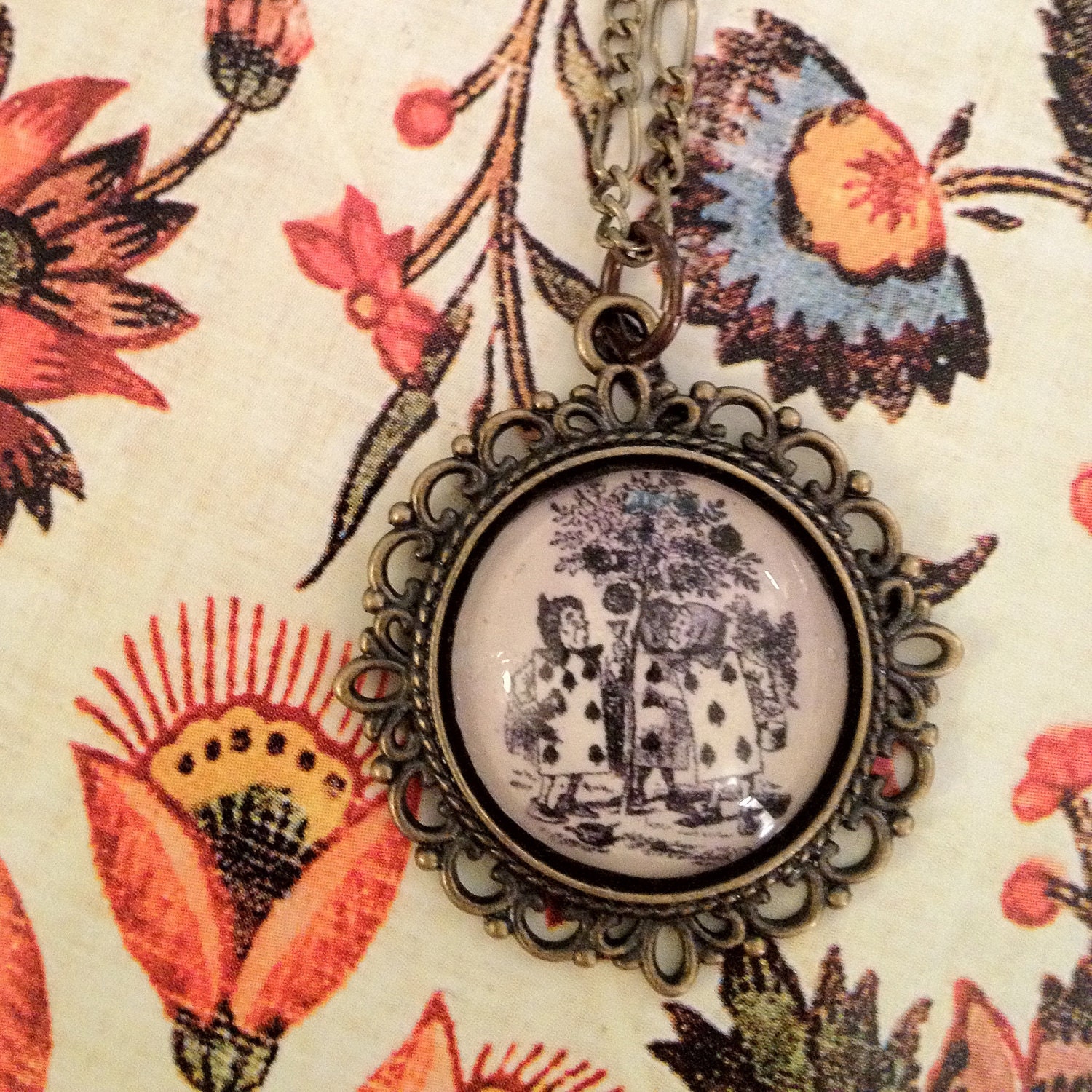 Alice in Wonderland Queen of Hearts's Playing Cards and Roses Antiqued Bronze Book Page Necklace