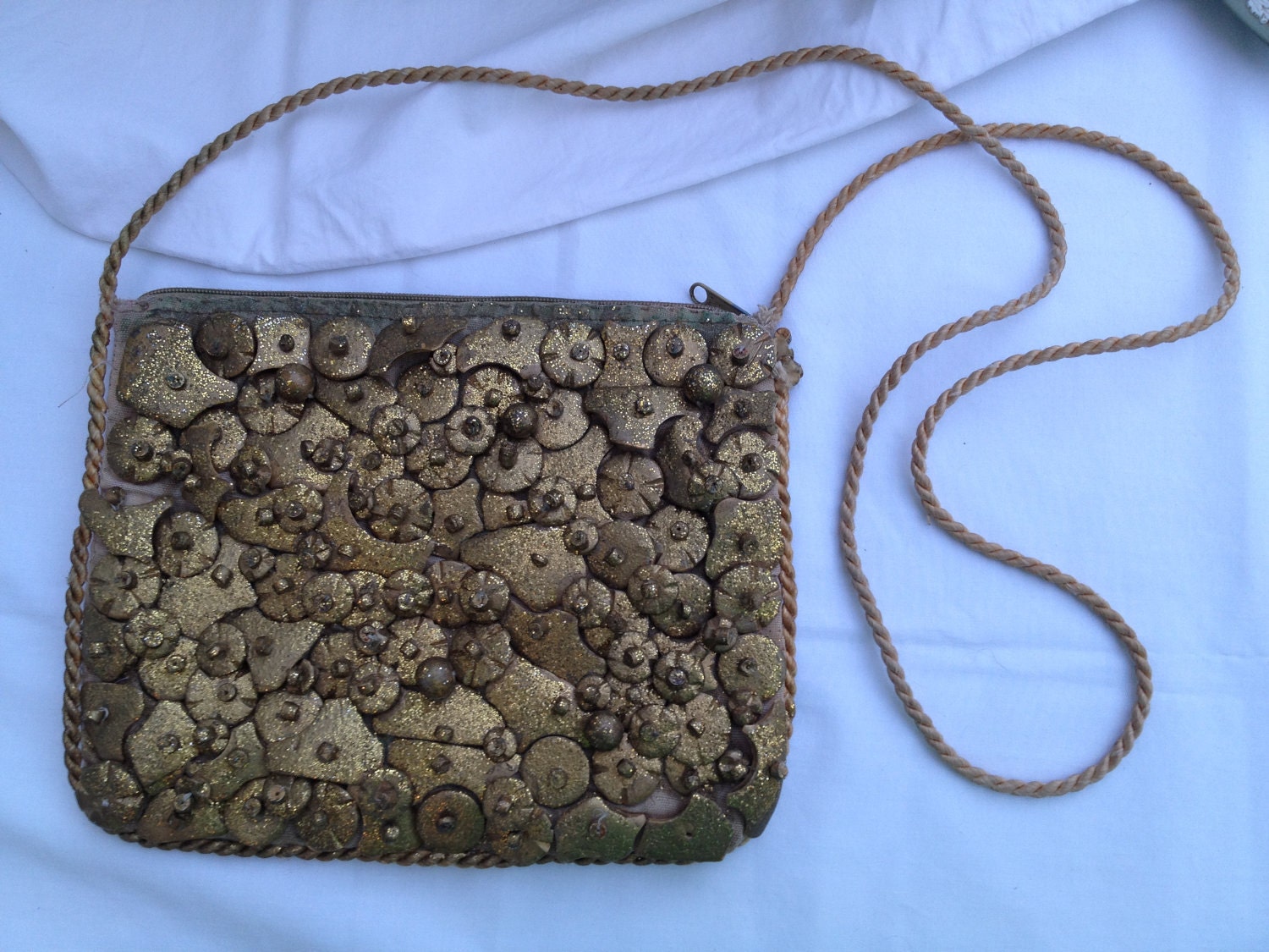 Vintage Gold Clutch, Purse, Handbag, Evening Bag - shimmery, sparkles, unique retro bag