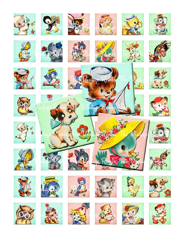 INSTAND DOWNLOAD, Digital Collage Sheet 1 Inch Squares of Vintage Animals for Scrabble Tile Jewelry and Pendants, Printable Inchies