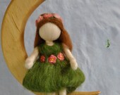 Waldorf inspired needle felted doll mobile: The green fairy in the Moon