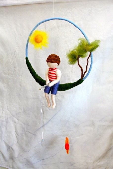 Waldorf inspired needle felted boy mobile: The fishing boy