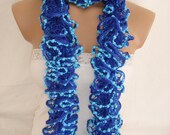 Hand knitted Dark Blue&Turquoise Blue Ruffled scarf by Arzus