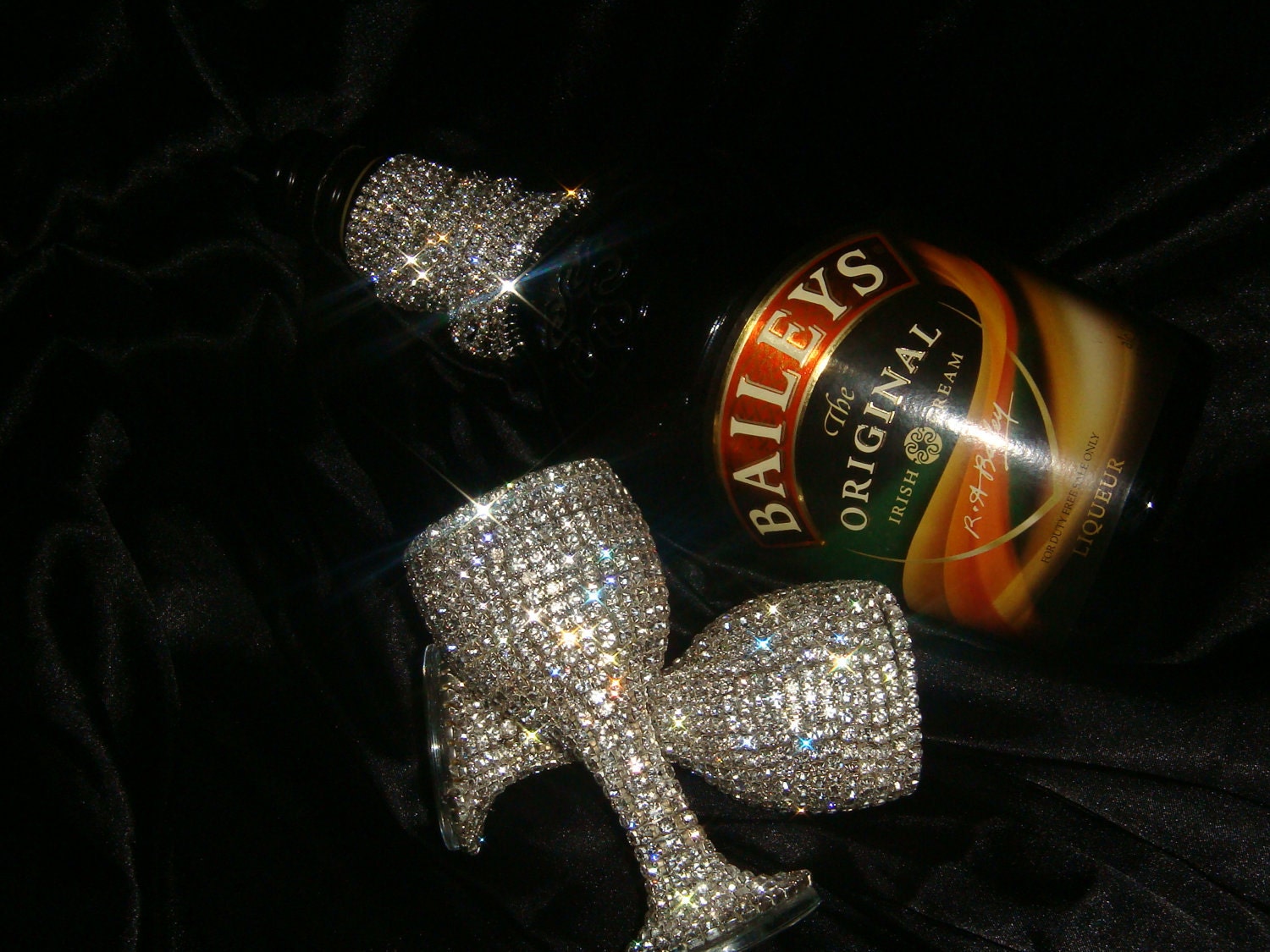 Custom designed handmade pair of liqueur glasses with Czech rhinestones