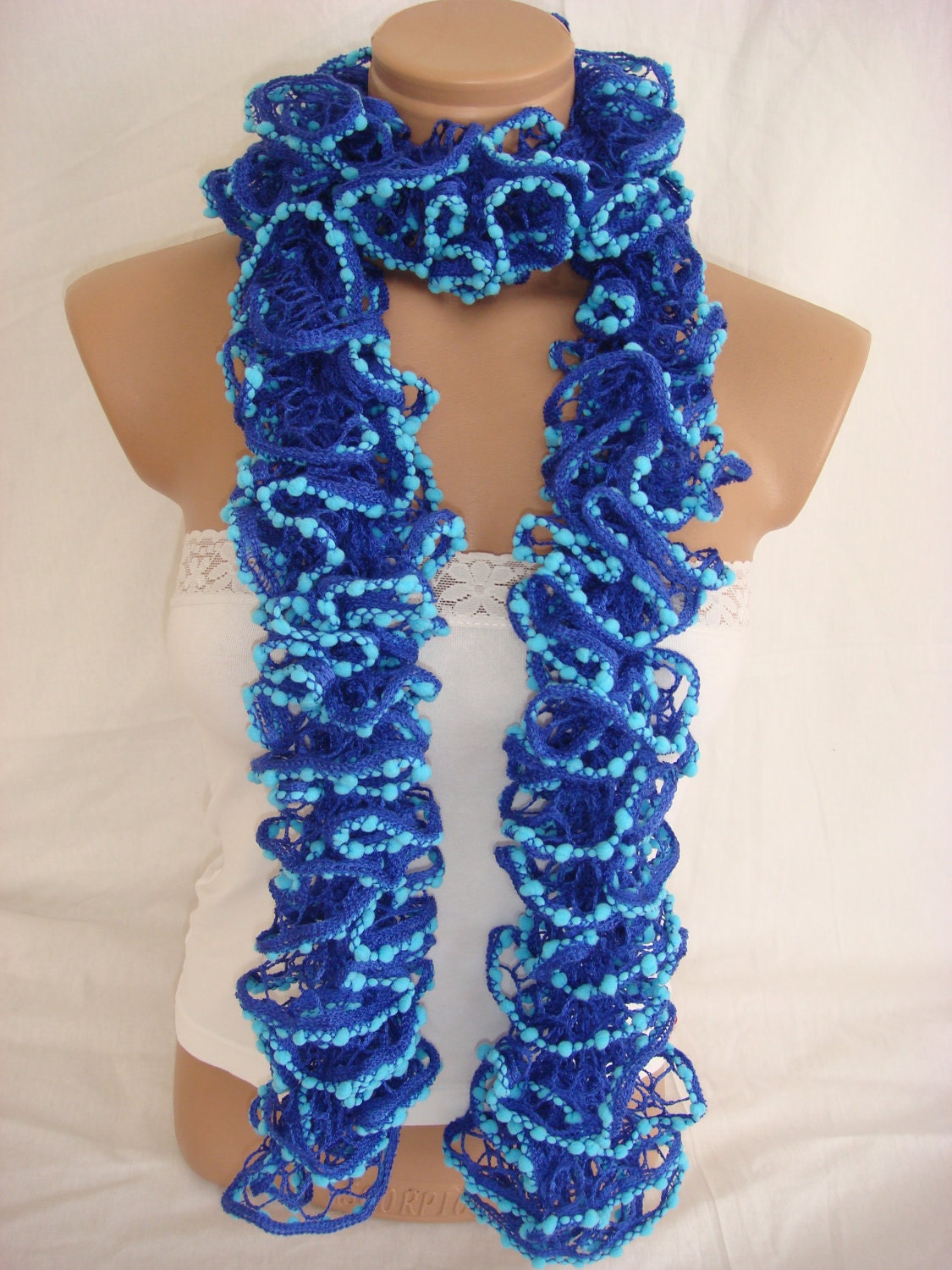 Hand knitted Dark Blue&Turquoise Blue Ruffled scarf by Arzus