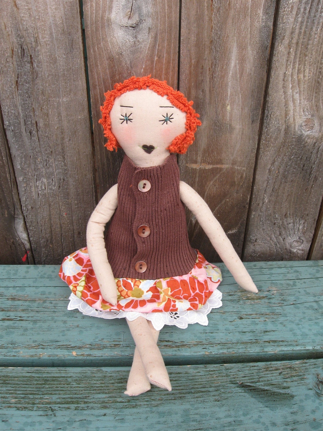 June: Handmade Rag Doll - Unique 15 Inch Cloth Doll - OOAK - Recycled and Vintage Textiles - Red Hair Blue Eyes - Brown and Pink, Lace