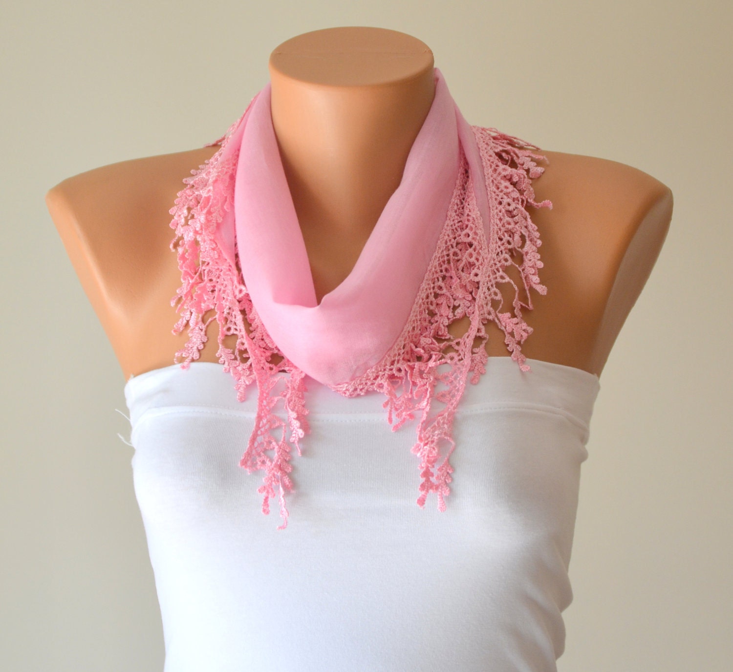 Pale pink hand made cotton scarf headband necklace cowl with lace edge headband bandana women scarves summer trend mother's day gifts