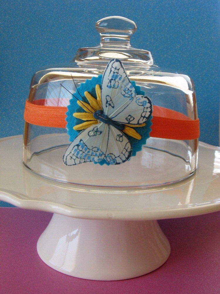 Butterfly kisses wool felt blue and orange elastic headband wedding prop photo prop flower girl headband